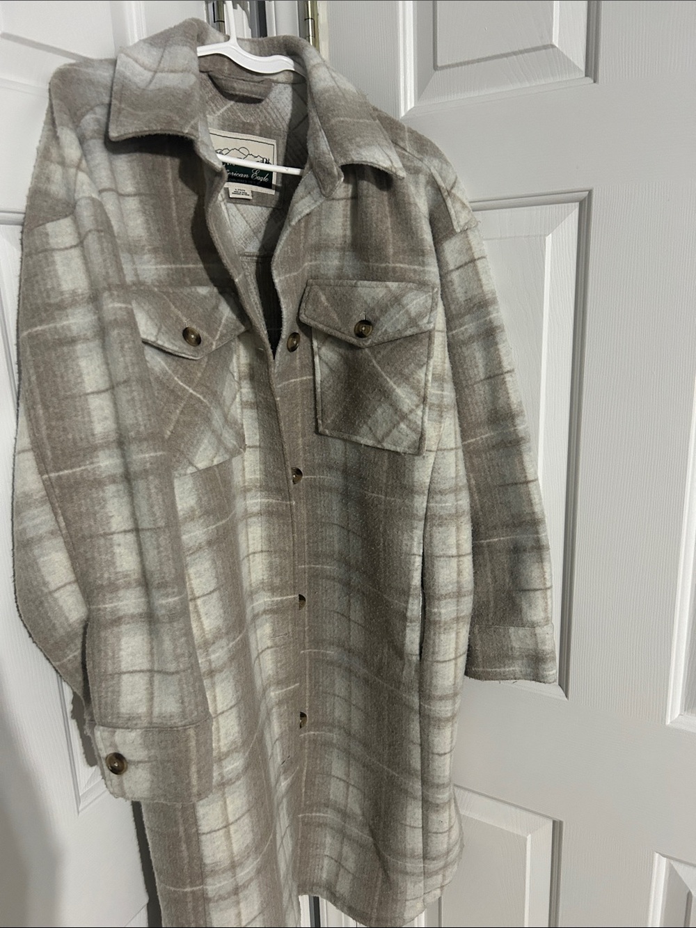 American Eagle Taupe and Cream Plaid Shacket
